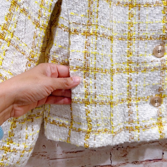 Cabi Coco Style #6256 Yellow Cream White Tweed Plaid Crop Blazer Jacket Size S - Picture 11 of 14